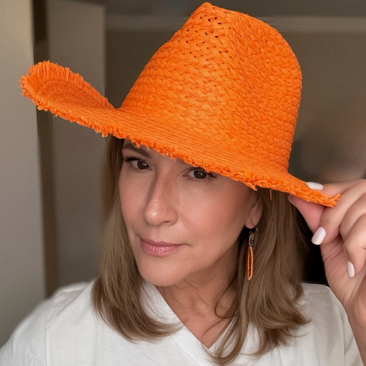 Frayed Solid Orange Straw Hat
